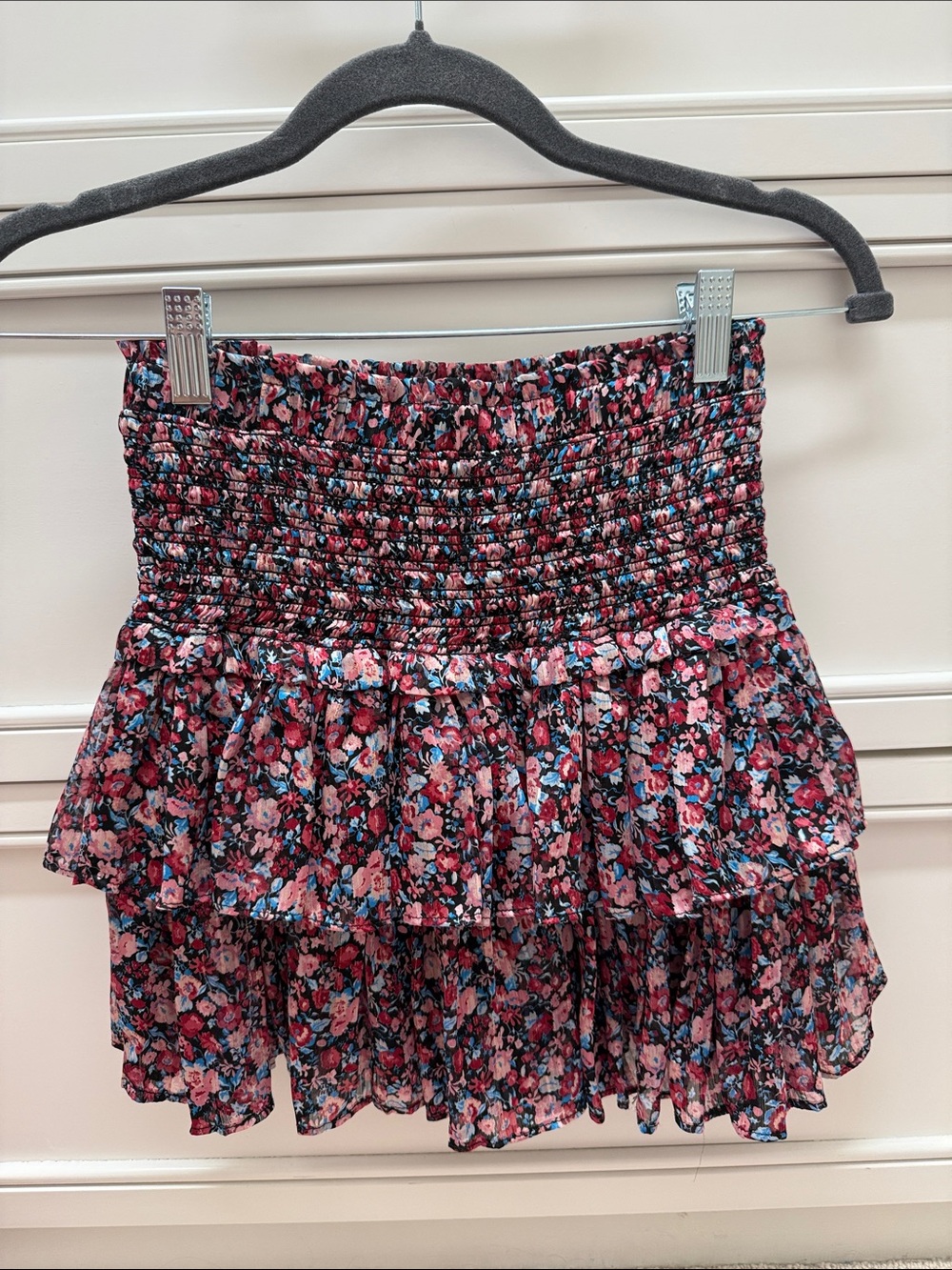 RESET - Smocked Floral Tiered Mini Skirt - Pink Multi